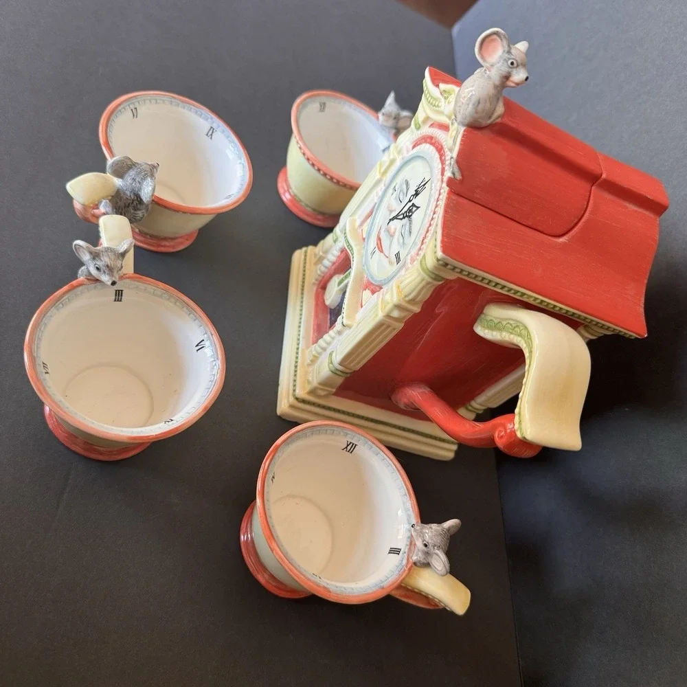 Vintage Department 56 Storybook Hickory Dickory Dock Handpainted Ceramic Tea Set